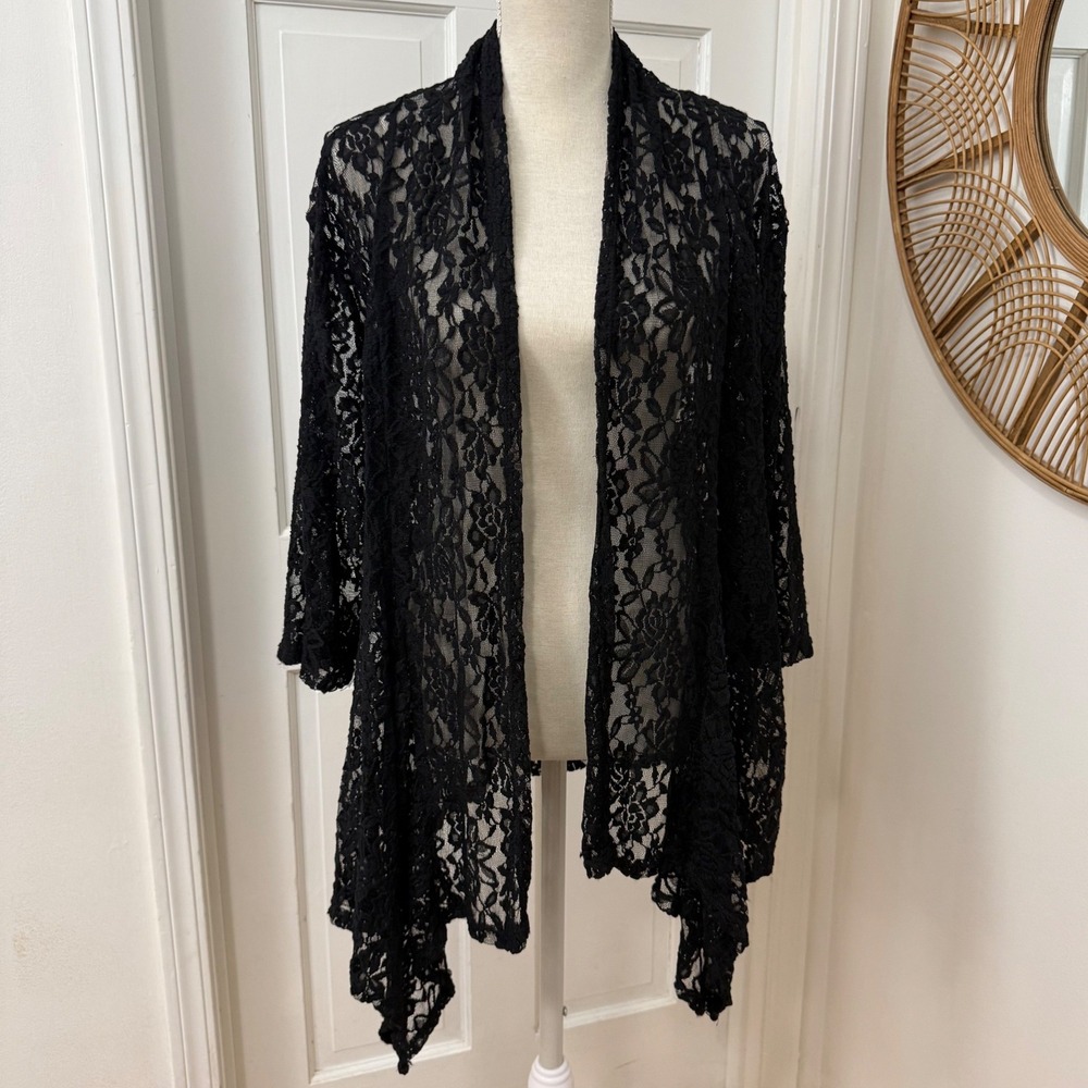 VTG Double Take Black Lace Mesh Cardigan 1X Whimsigoth Boho Grunge 90s Witchy